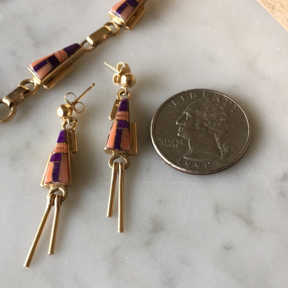 Vintage Navajo Tom David 14K Inlay Necklace and Earrings Native American - Picture 12 of 16